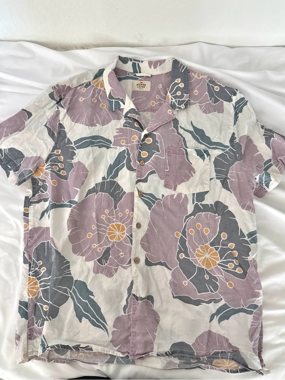 Marine Layer Floral Short-Sleeve Button Down in Cream, Lavender & Gray